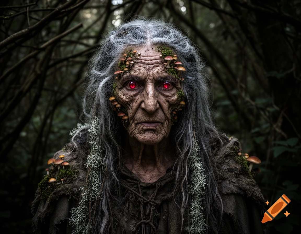 Haggard old witch with grey hair, wrinkled skin, and glowing red eyes, covered in moss and mushrooms in a dark forest.