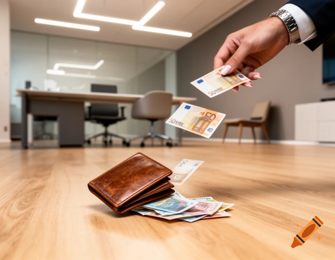 A hand wearing a suit sleeve and watch drops euro banknotes and a brown wallet onto a wooden office floor.