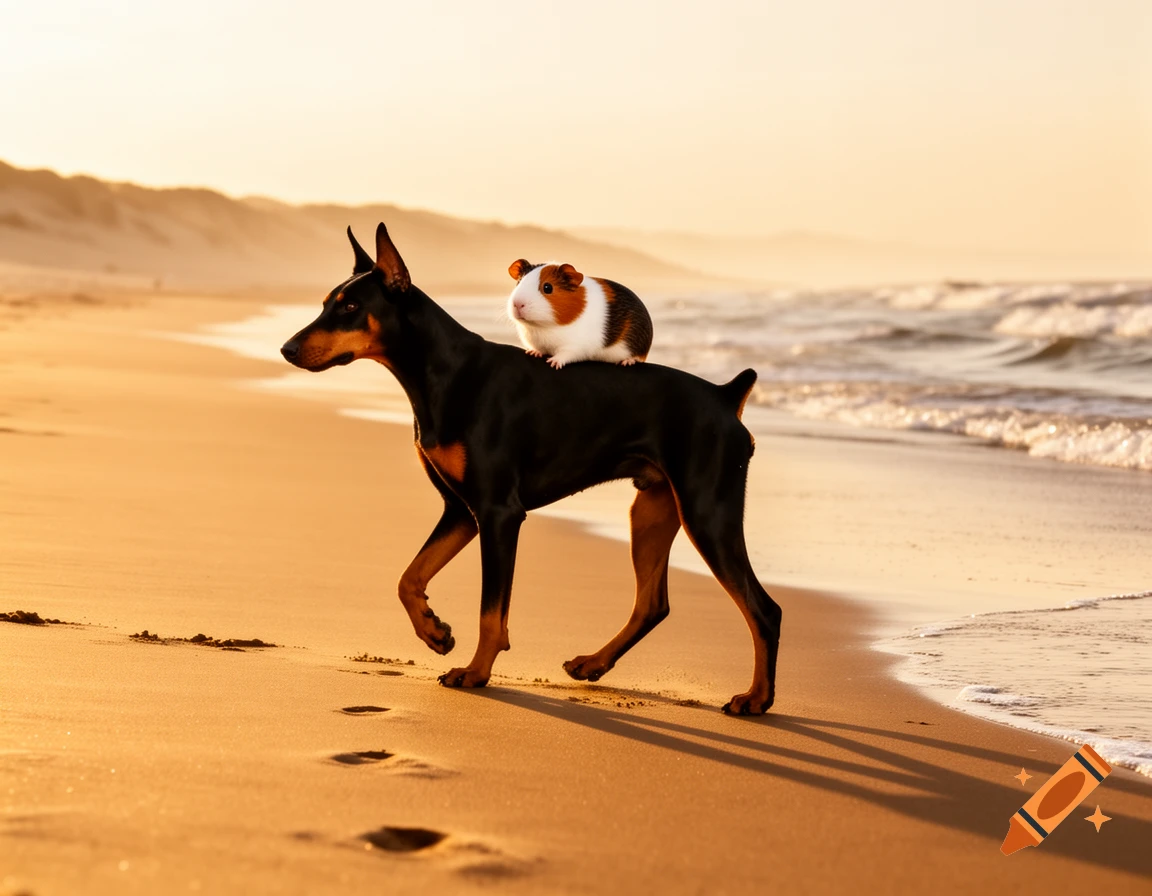 A Doberman Pinscher carries a guinea pig on its back while walking along a sandy beach at sunset.