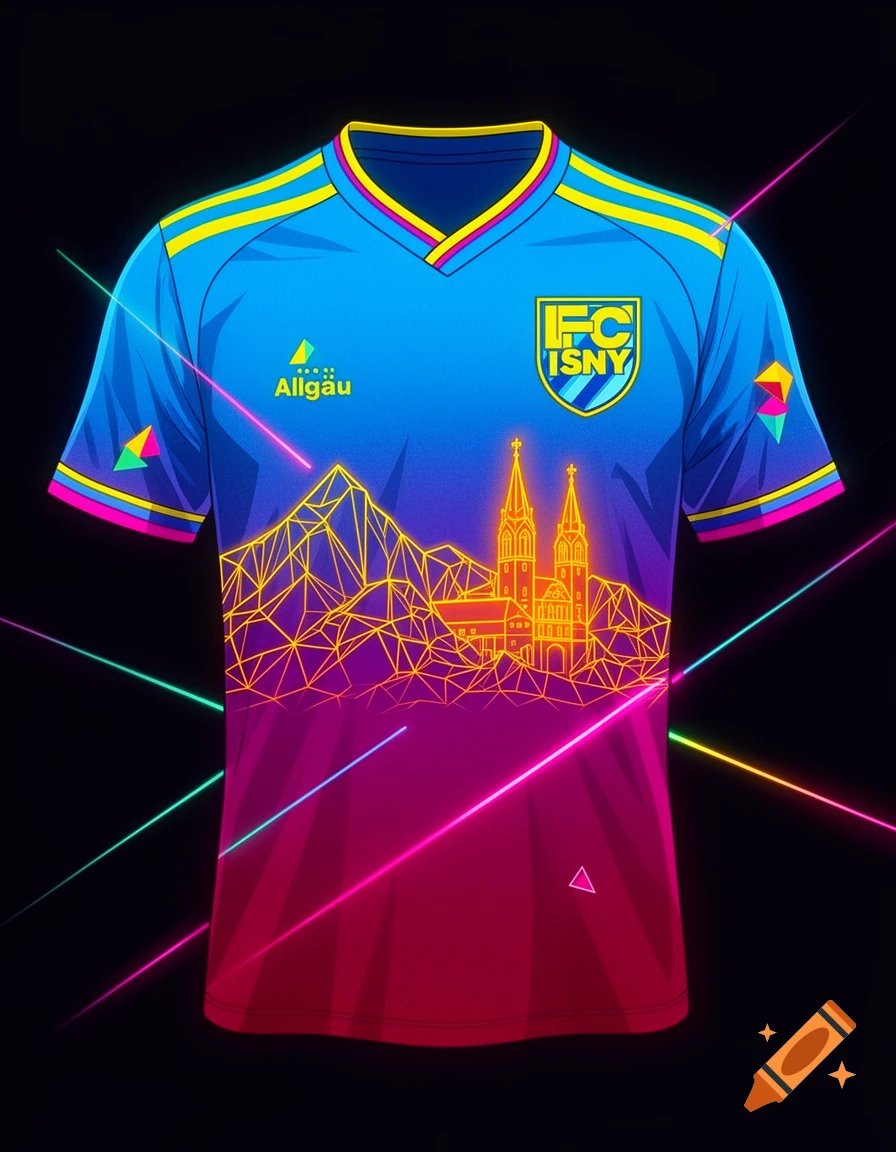 A neon vaporwave soccer jersey with an electric blue to dark magenta gradient, featuring wireframe mountains and towers, and 'FC ISNY' text.