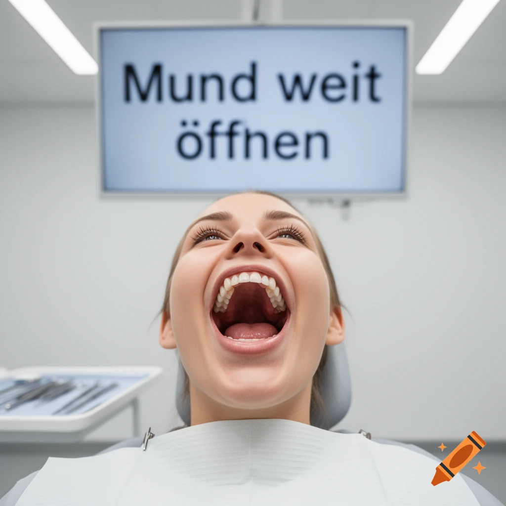 A woman in a dental chair with her mouth wide open, looking up at a screen displaying 'Mund weit öffnen' (Open mouth wide) in a photorealistic style.