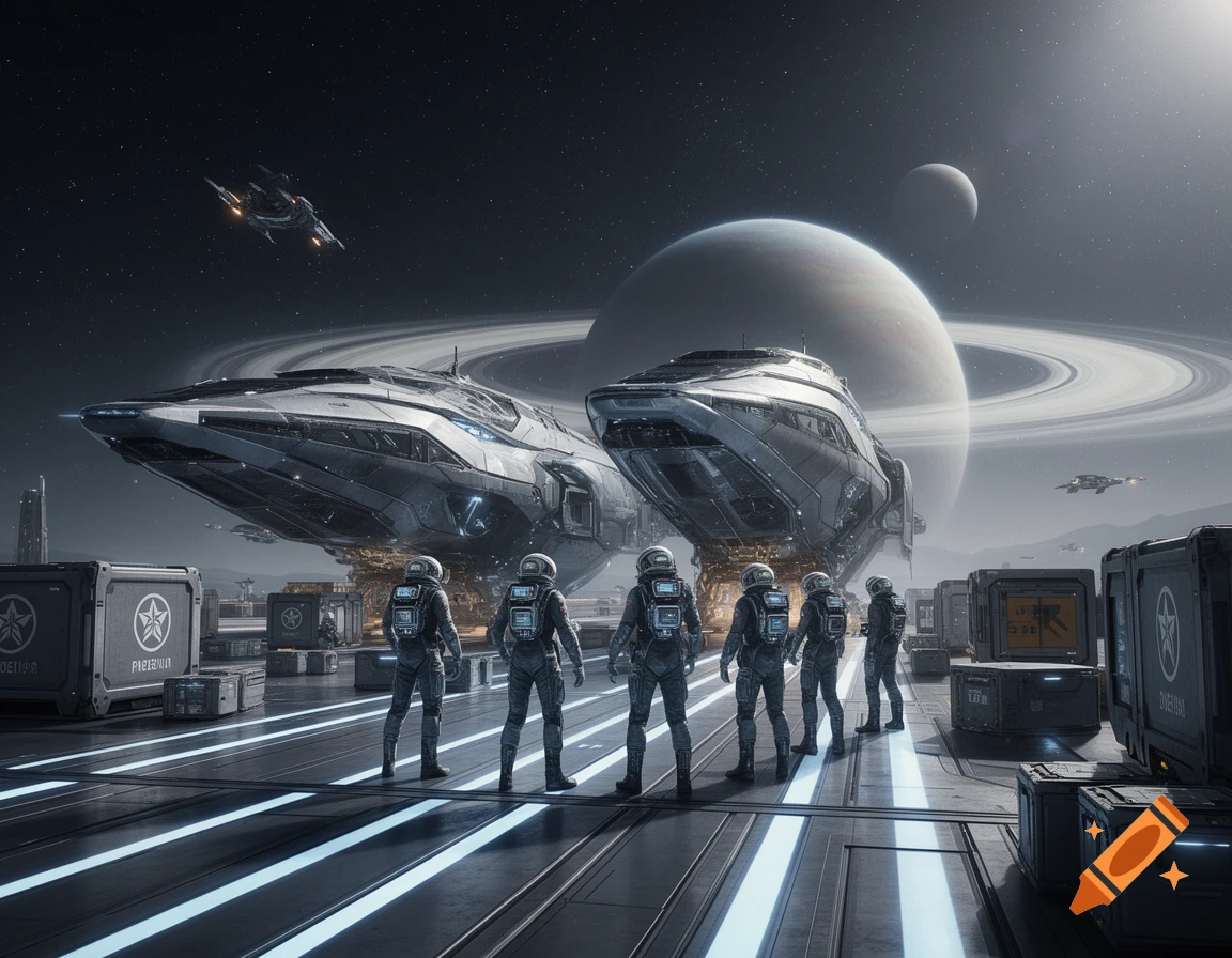 Astronauts stand on a landing platform with large, futuristic cargo ships under a ringed planet and moon in space.