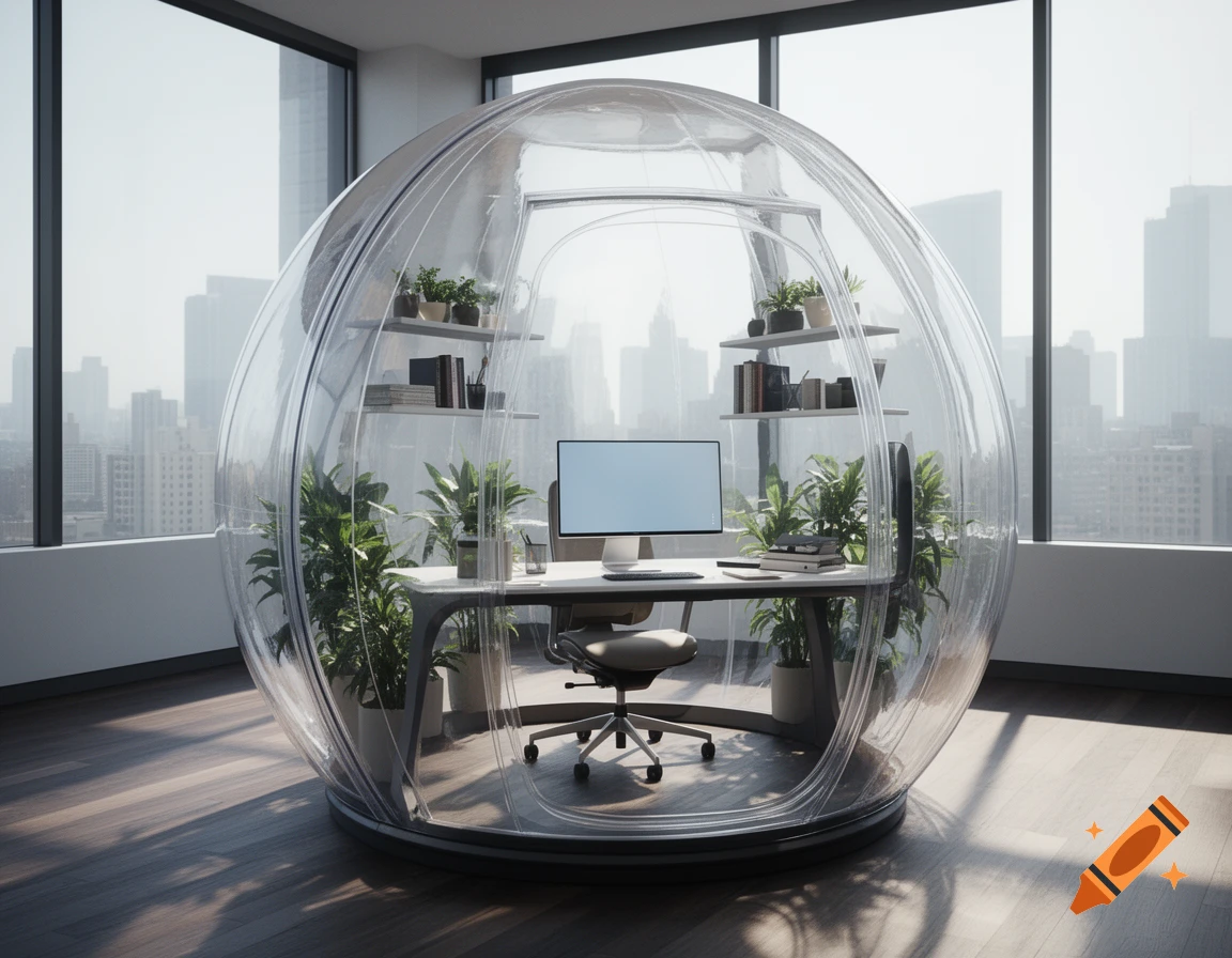 A photorealistic image of a modern office workstation inside a transparent plastic bubble, overlooking a city skyline.