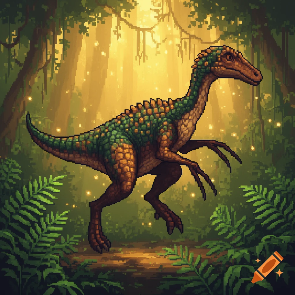 A green and brown pixel art dinosaur resembling a Therizinosaurus stands in a lush, sunlit jungle.