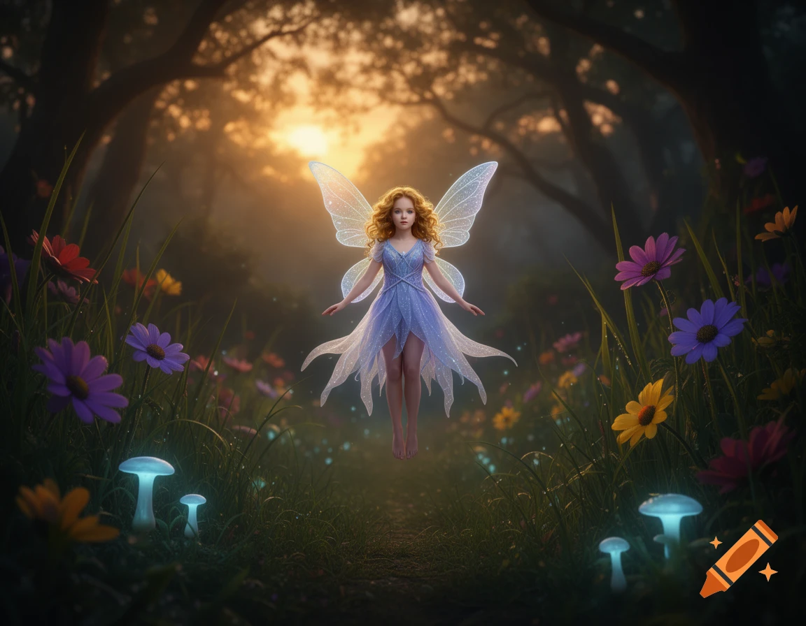 A red-haired fairy in a blue dress floats with glowing wings in a magical forest among colorful flowers and glowing mushrooms at dawn.