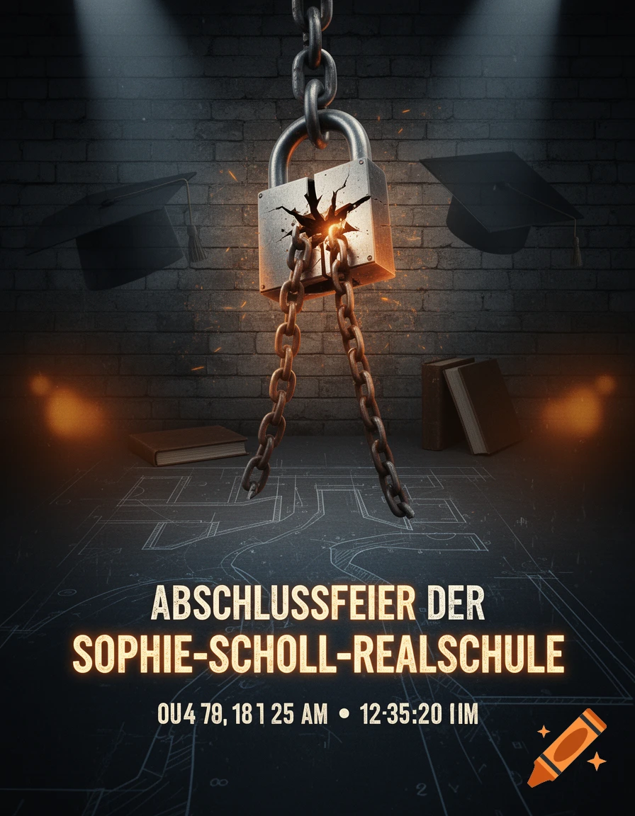 A dark, gritty poster for a graduation event, featuring a broken padlock and chains, graduation caps, and books against a brick wall background. Text reads "ABSCHLUSSFEIER DER SOPHIE-SCHOLL-REALSCHULE".