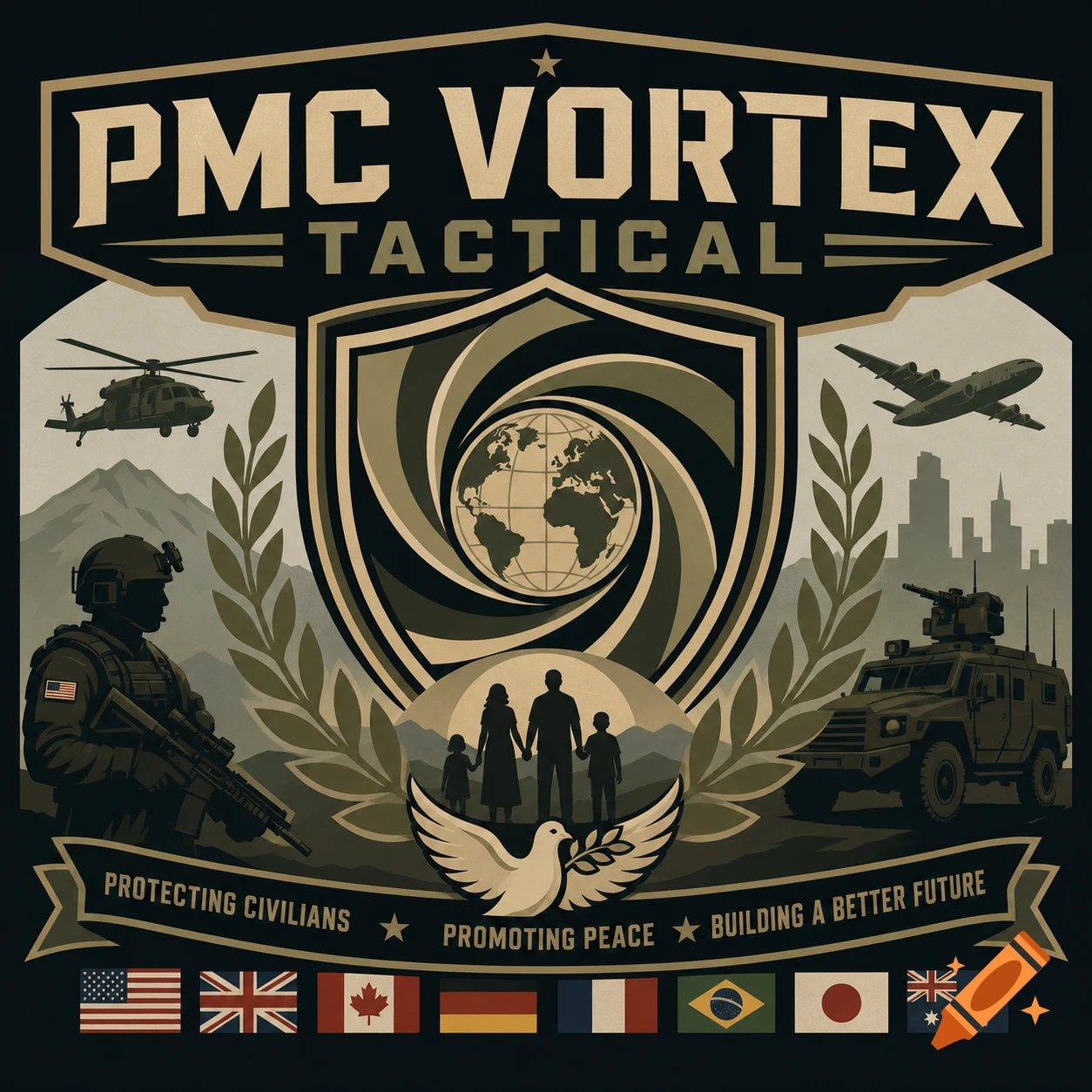 A graphic logo for 'PMC Vortex Tactical' featuring military elements, a globe, a dove, and a family silhouette, with flags of various nations below.