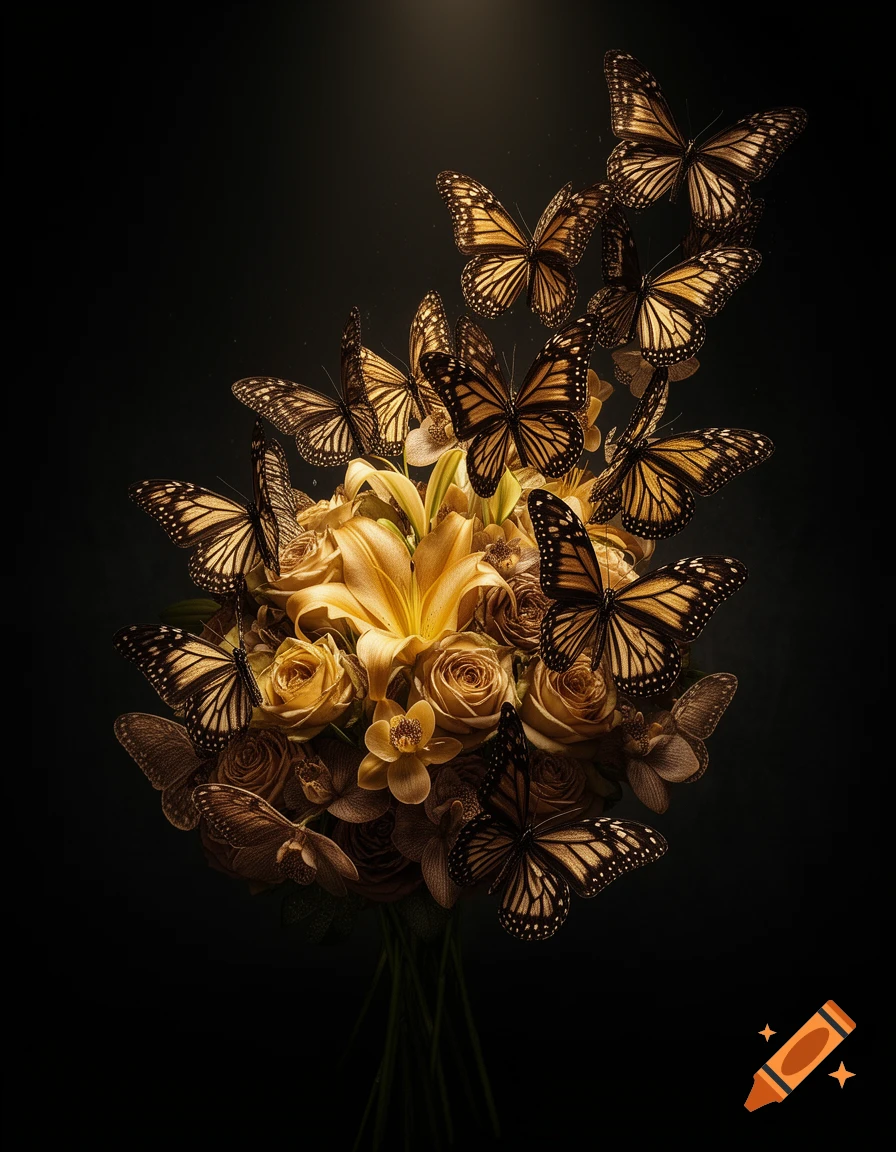A bouquet of golden lilies and roses surrounded by golden monarch butterflies against a dark background in an artistic style.