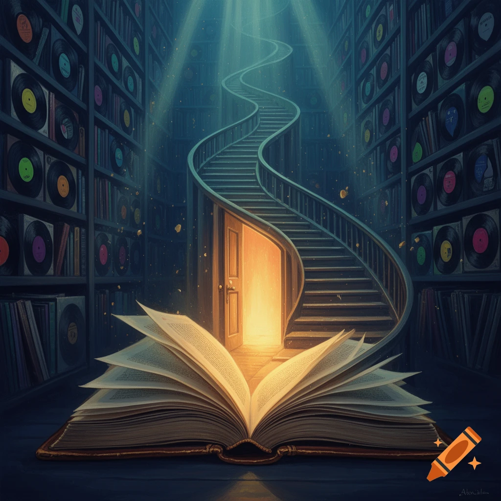 A surreal library scene with an open book as a glowing doorway, leading to a winding staircase amidst shelves of vinyl records, bathed in mystic light.