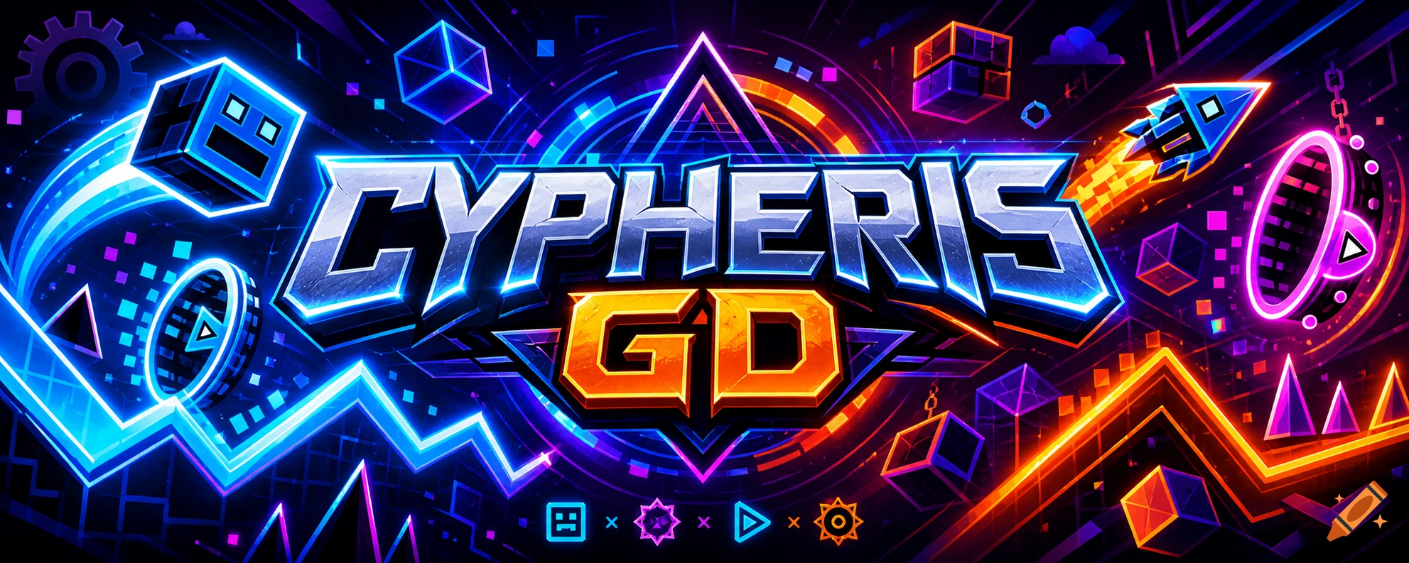 Vibrant neon 'CYPHERIS GD' logo with geometric shapes, a glowing cube character, and a rocket, in a digital video game style.
