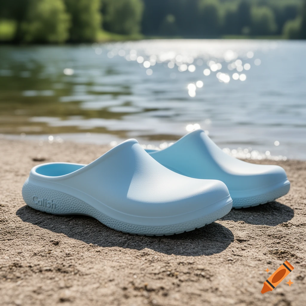 Two light blue clogs on a sandy beach next to sparkling water with green trees in the background, photorealistic.