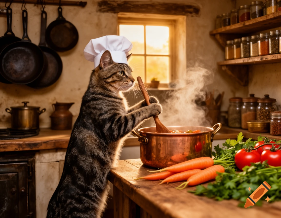 A tabby cat in a chef's hat stands on its hind legs, stirring a steaming pot in a rustic kitchen.
