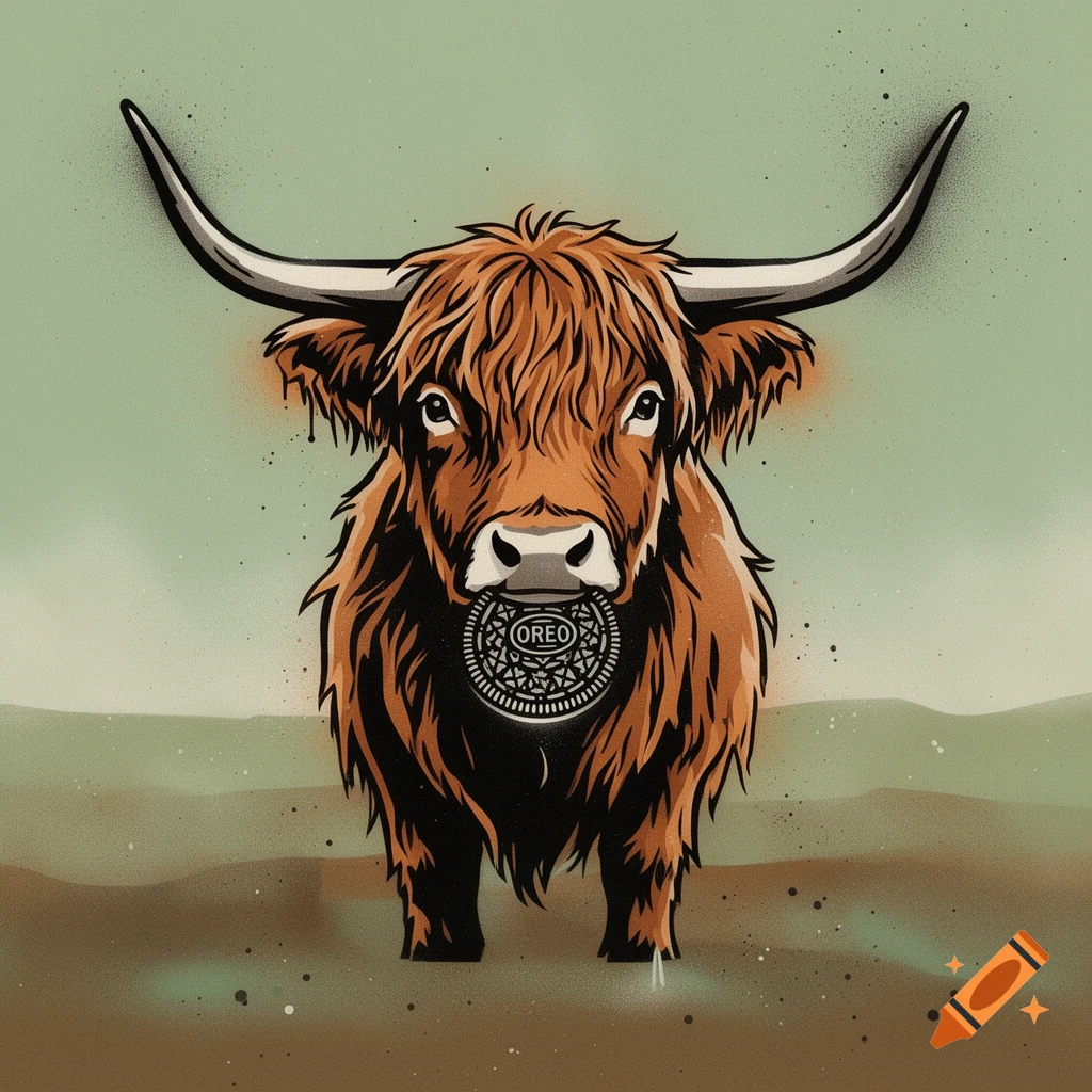A 2D stenciled illustration of a shaggy brown highland cow holding an Oreo cookie.