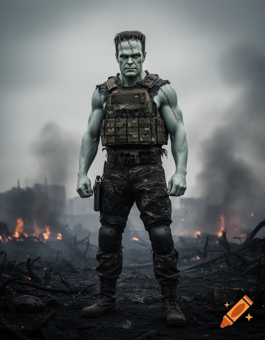 A photorealistic image of a muscular Frankenstein monster in tactical military gear, standing in a smoky, burning battlefield.