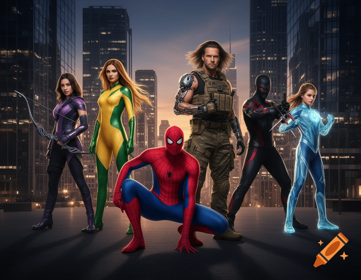 Six diverse superheroes, including Spider-Man and an archer, pose on a city rooftop at sunset with a skyscraper backdrop.