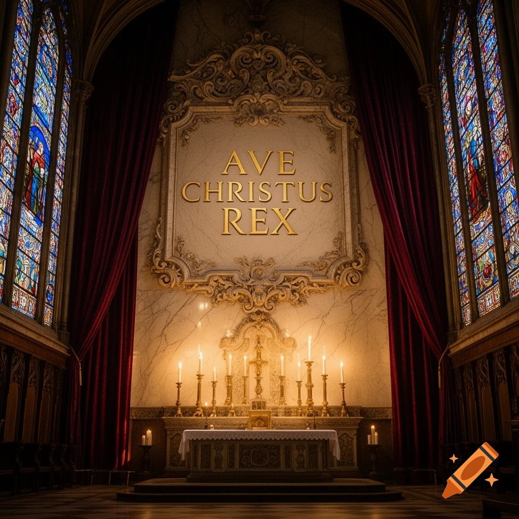 A grand church interior with a lit altar, stained glass windows, and a plaque above inscribed 'AVE CHRISTUS REX'.