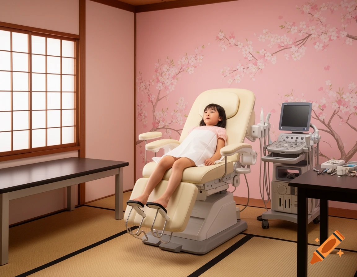 A young girl in a medical examination chair inside a photorealistic Japanese-style room with pink cherry blossom wallpaper and an ultrasound machine.