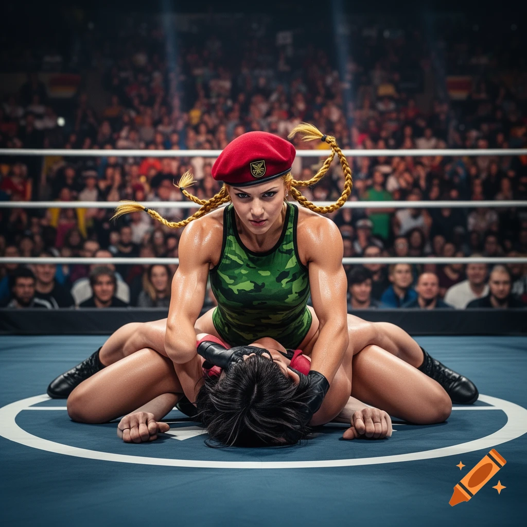 A muscular woman in a camouflage leotard and red beret straddles another wrestler on a blue wrestling mat in a crowded arena.