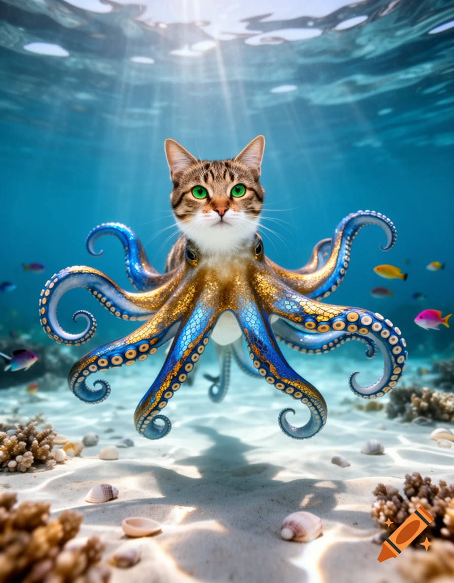 Photorealistic image of a tabby cat head with bright green eyes on a golden and blue octopus body, swimming in clear blue ocean water with coral and small fish.