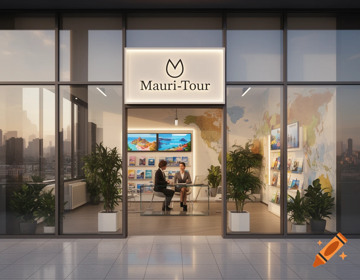 A modern travel agency storefront named "Mauri-Tour" with glass windows, two employees inside, and a city skyline reflection.