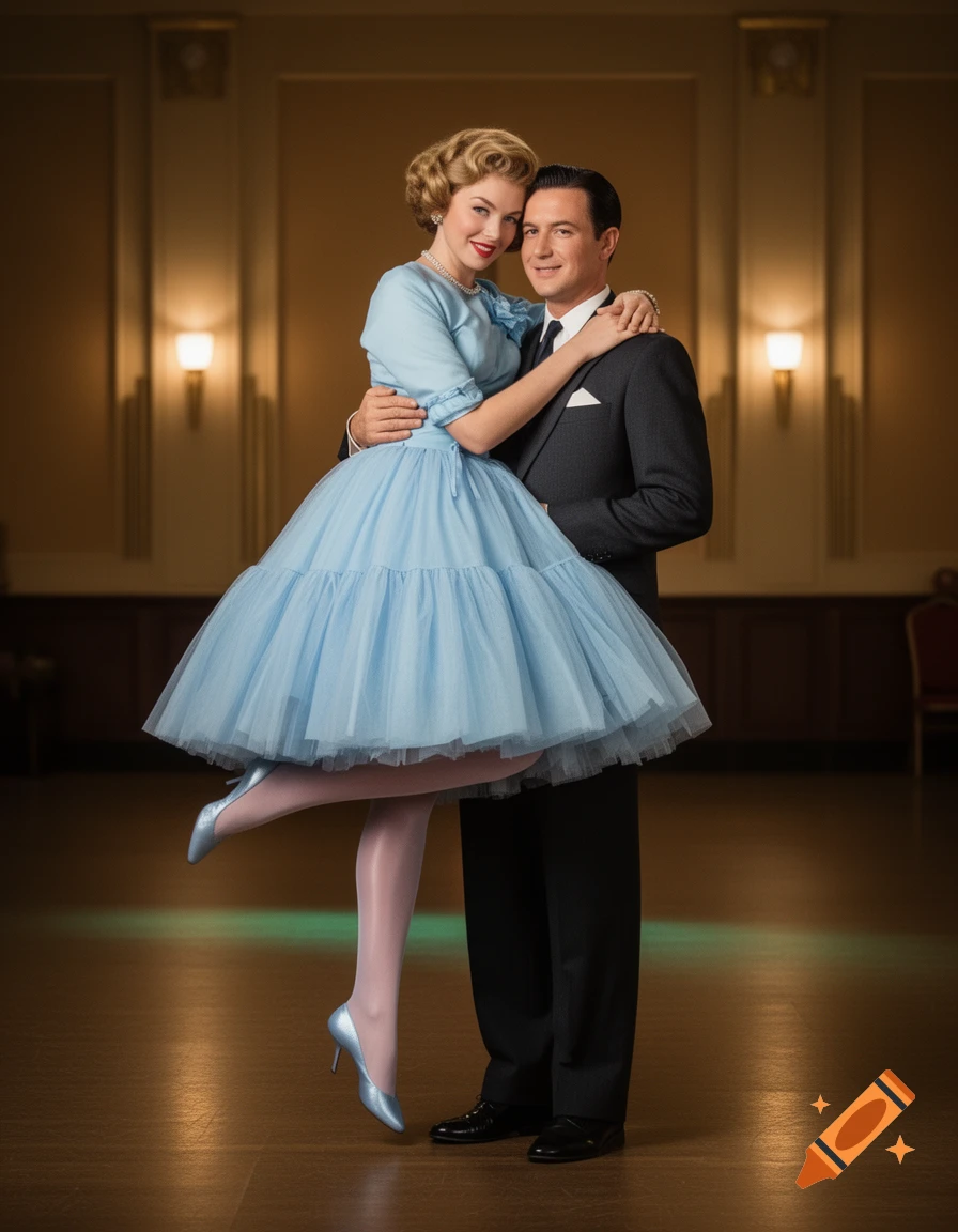 A man in a suit holds a woman in a light blue tiered dress and white nylons as she lifts one leg, both smiling in a ballroom.