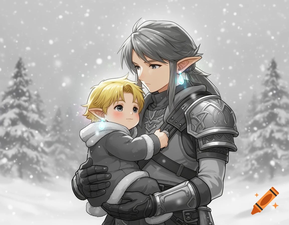 Anime illustration of a gray-haired warrior holding a blond child in a snowy forest as snow falls around them.
