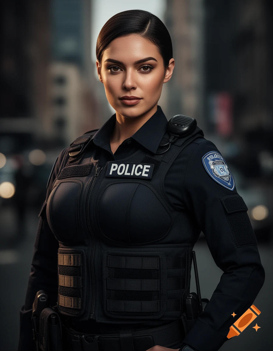 Photorealistic portrait of a confident female police officer in a modern tactical uniform, looking directly at the viewer.