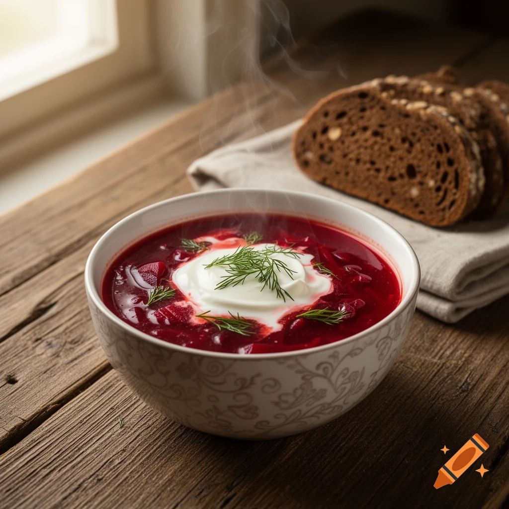 Steaming bowl of borscht with sour cream and dill, served with sliced dark bread on a rustic wooden table by a window.