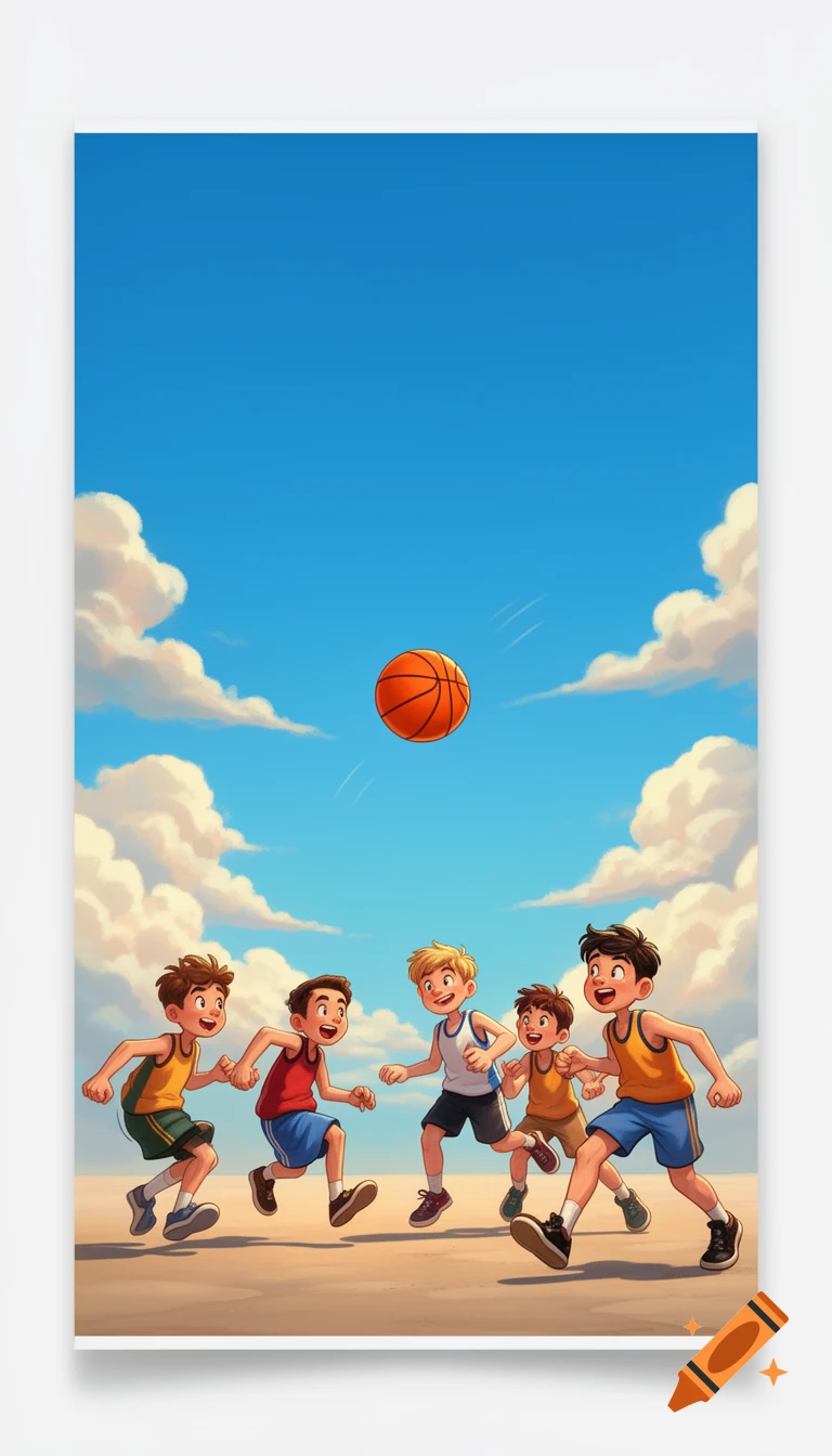 Five cartoon boys in sports clothes running and looking at a basketball in a bright blue sky with clouds, on sandy ground.