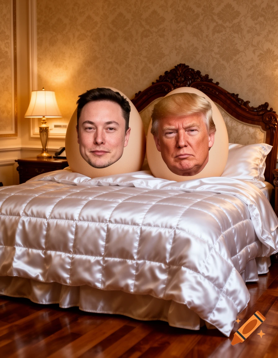 Elon Musk and Donald Trump's faces on eggs lying in a luxurious bed with a white comforter.