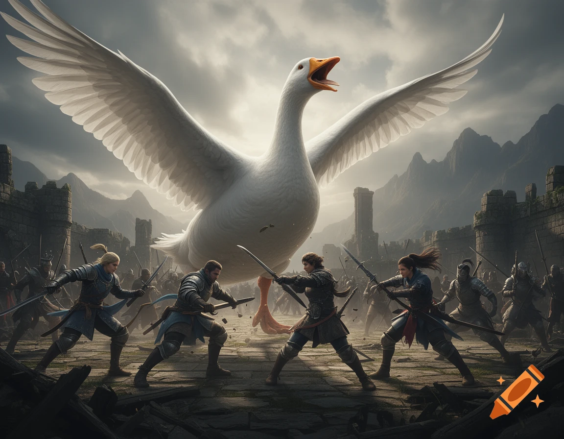 A gigantic white goose with outstretched wings battles armored warriors with swords in a fantasy landscape with castle ruins.