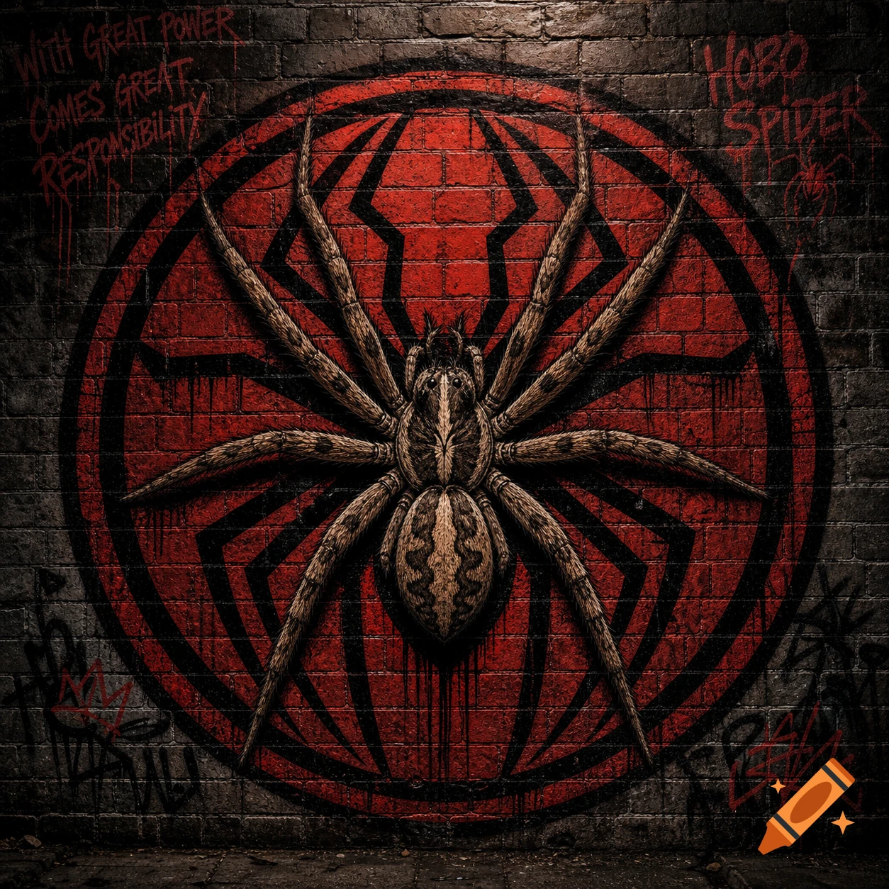 A large, hairy spider covers a red and black web-like logo graffiti on a brick wall, with 'With Great Power Comes Great Responsibility' and 'Hobo Spider' graffitied around it.