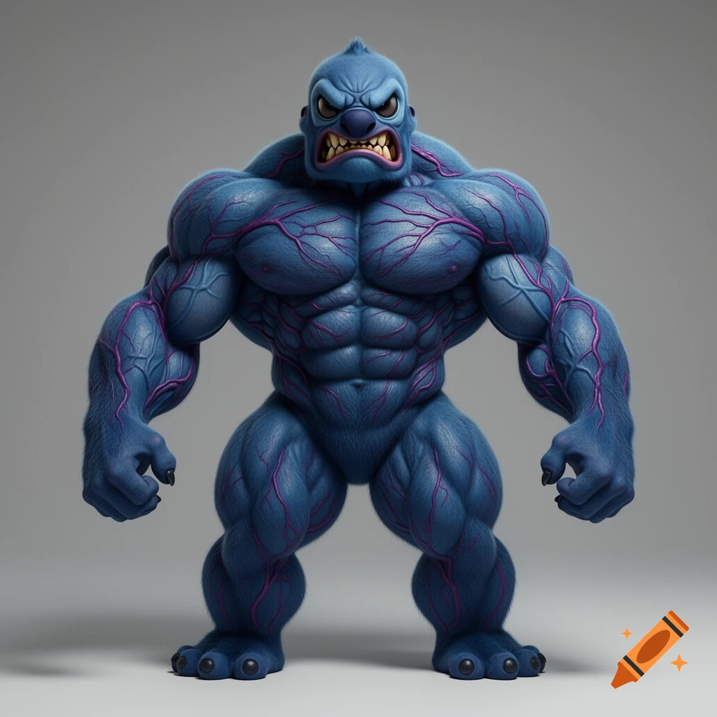 A hyper-muscular blue cartoon monster with prominent purple veins and an angry, brutish face stands full-body.