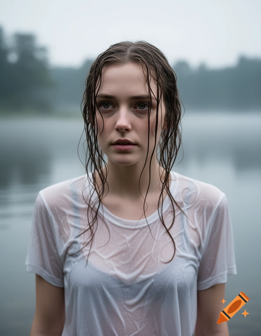 Photorealistic portrait of a young woman with wet hair and a wet white shirt, looking contemplative by a misty lake.