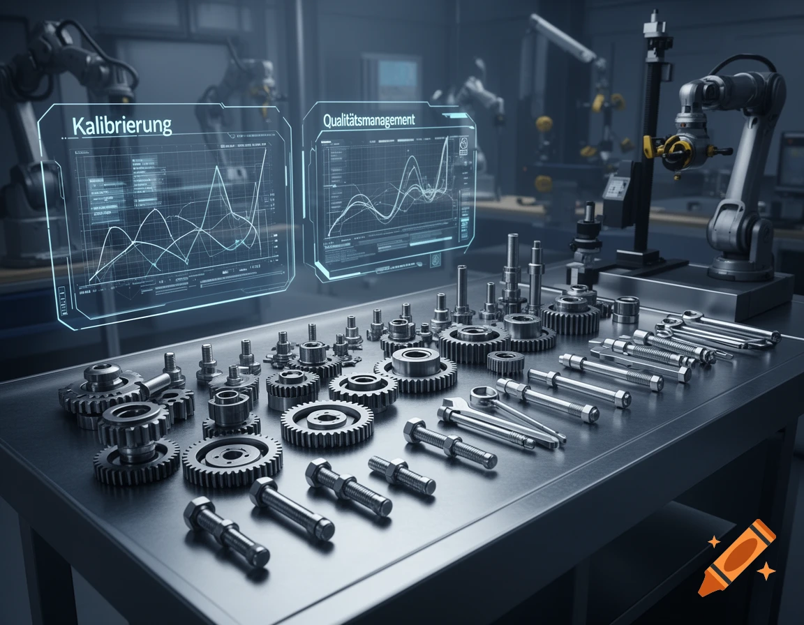 Close-up of various mechanical gears, bolts, and shafts on a metal table, with holographic screens displaying data and robotic arms in a factory background.