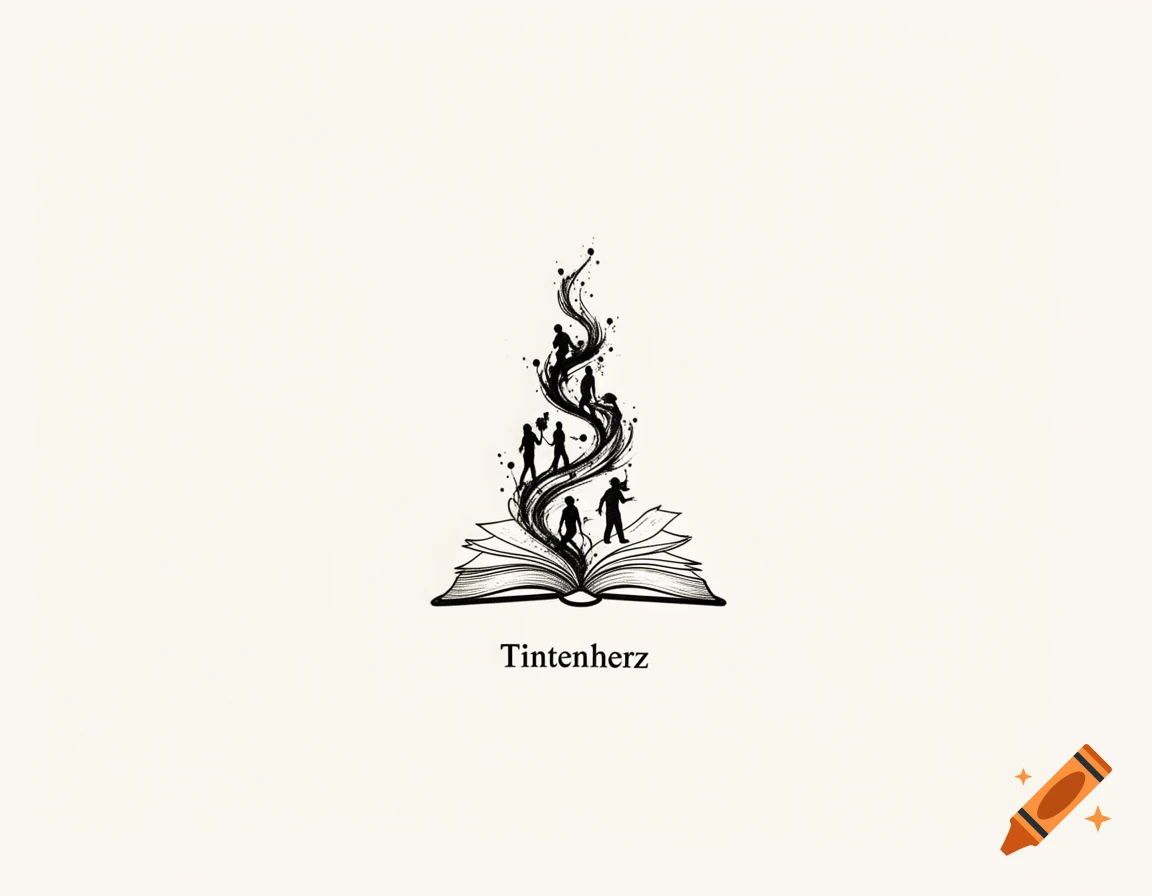Black and white minimalist illustration of an open book with silhouetted figures forming an ink swirl above, with the text 'Tintenherz' below.