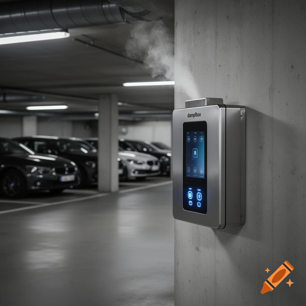 Photorealistic 'dampfbox' device emitting steam on a concrete pillar in an underground parking garage with parked cars.