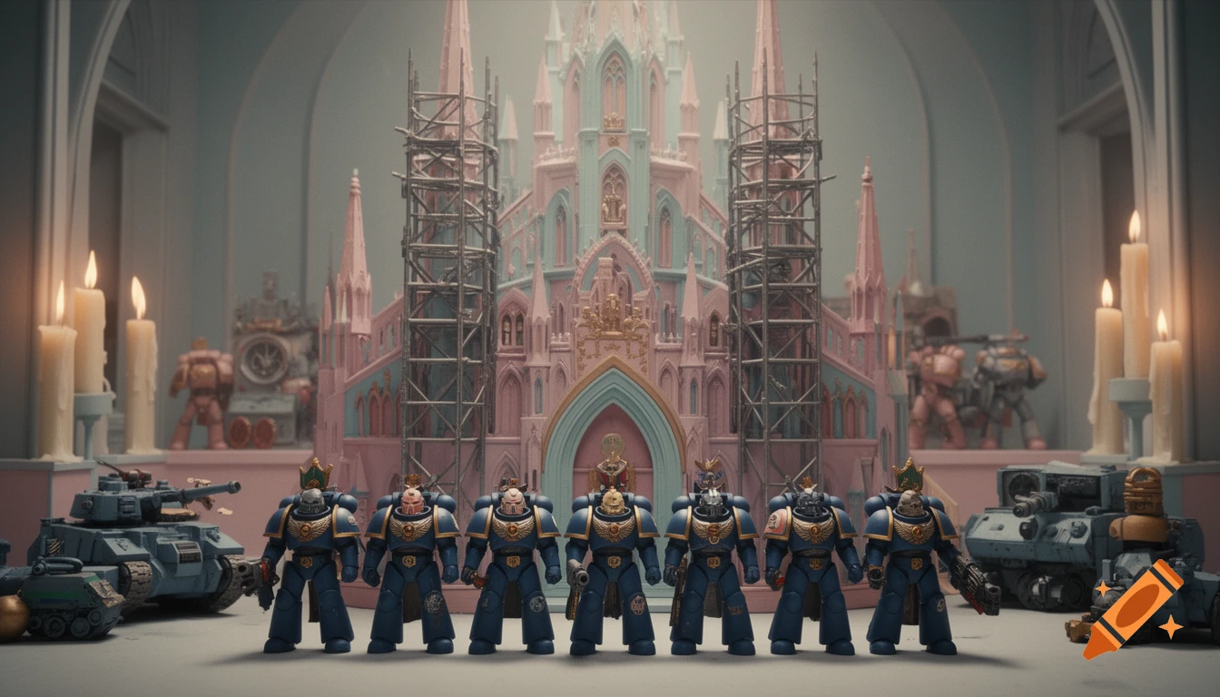 Six blue Warhammer 40,000 Space Marine miniatures stand before a pastel pink and blue gothic castle with scaffolding, flanked by lit candles and tanks, in a Wes Anderson diorama style.