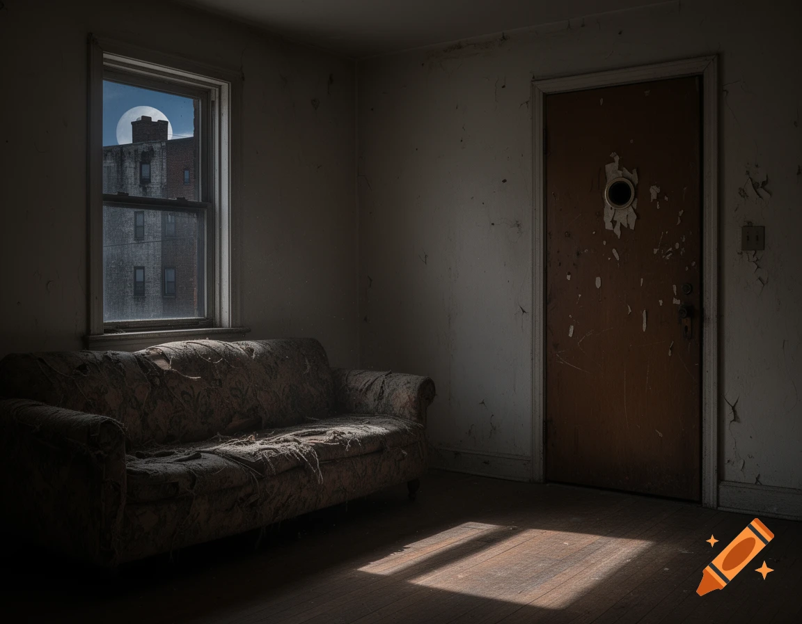 A dimly lit, dilapidated room featuring a torn sofa, a window revealing a building under a large moon, and a distressed door with a peephole.