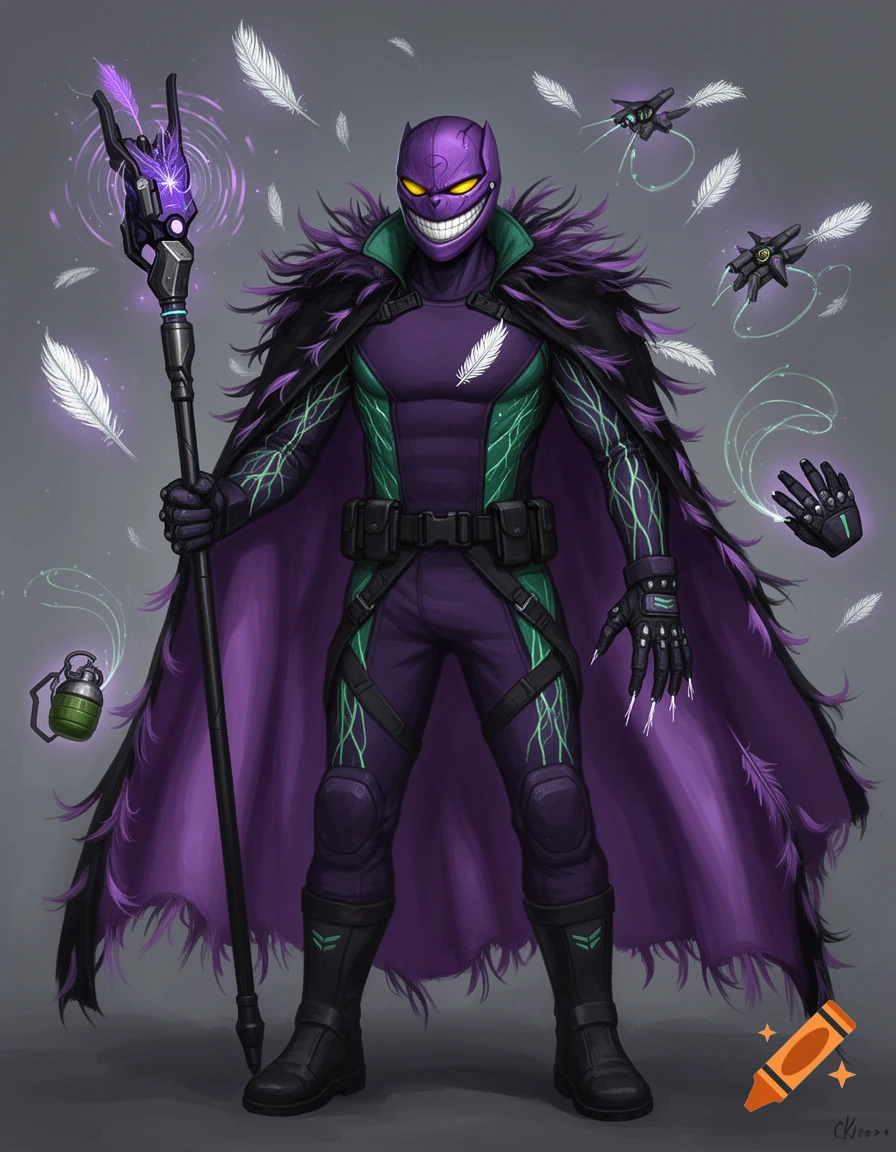 A menacing purple and green character with a grinning mask and feathered cape, holding a glowing staff, with drones and feathers around.