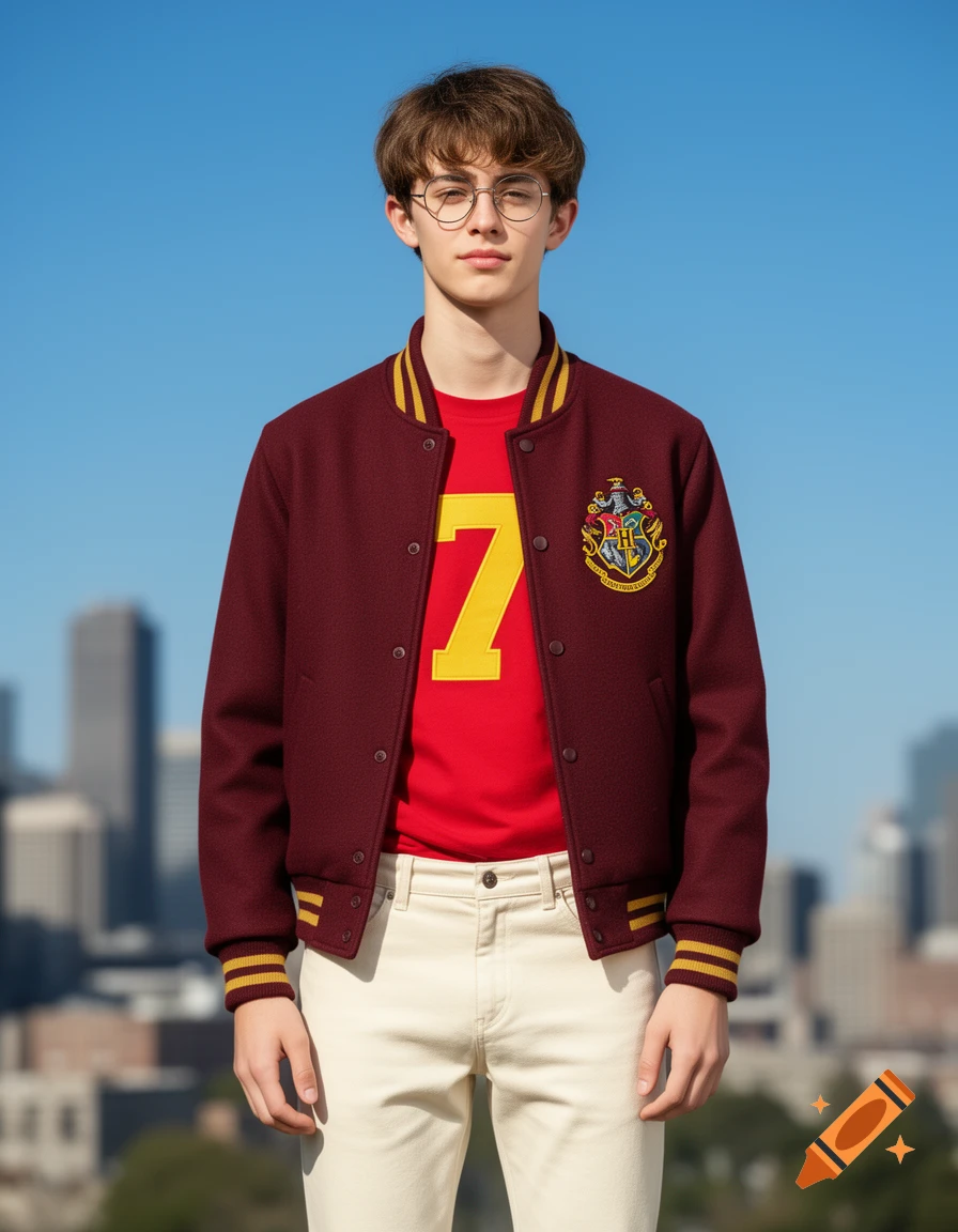 A young man with brown hair and round glasses wears a maroon Hogwarts varsity jacket over a red t-shirt with a yellow number 7, and cream chinos, against a city skyline.