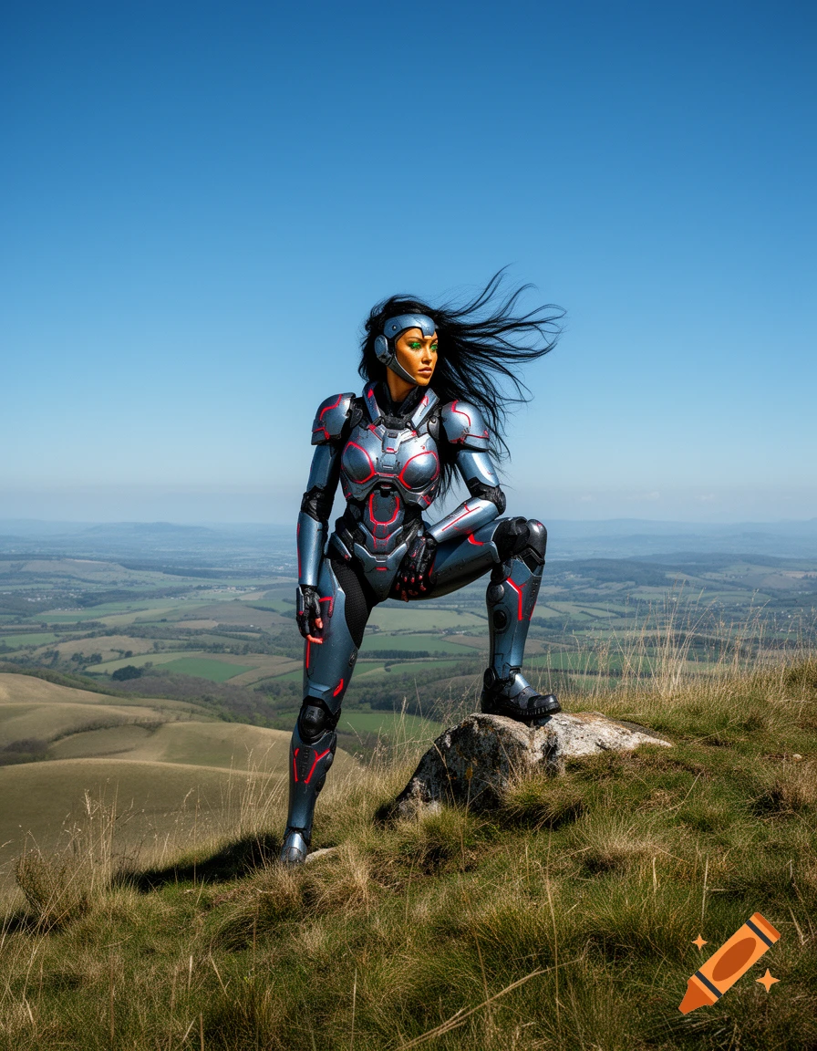 A woman in a futuristic blue-grey and red power suit stands on a rocky hill overlooking a valley under a clear blue sky.