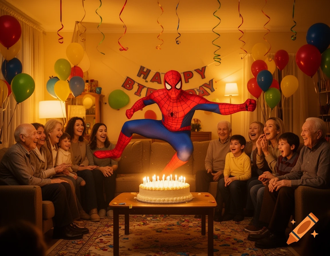 A diverse family celebrates a birthday, watching a Spider-Man impersonator jump over a lit cake, surrounded by balloons and streamers in a warm, festive living room.