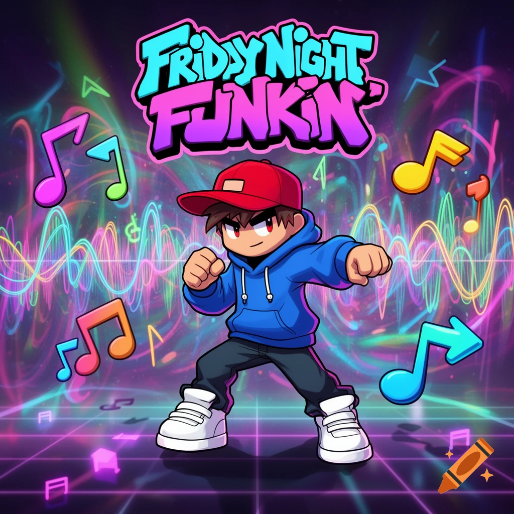Cartoon boy in red cap and blue hoodie poses among musical notes and neon soundwaves on a grid background. Title 'FRIDAY NIGHT FUNKIN'' above.
