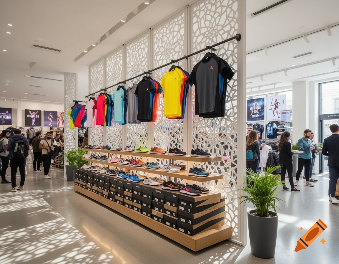 A bright, modern sports store with colorful athletic clothing, shoes on display, decorative screens, and several shoppers browsing.