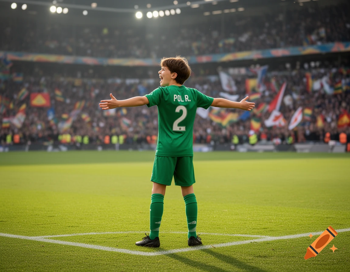 Young boy in a green soccer uniform with 'POL R.' and '2' on his back, celebrating with open arms on a soccer field in a stadium.