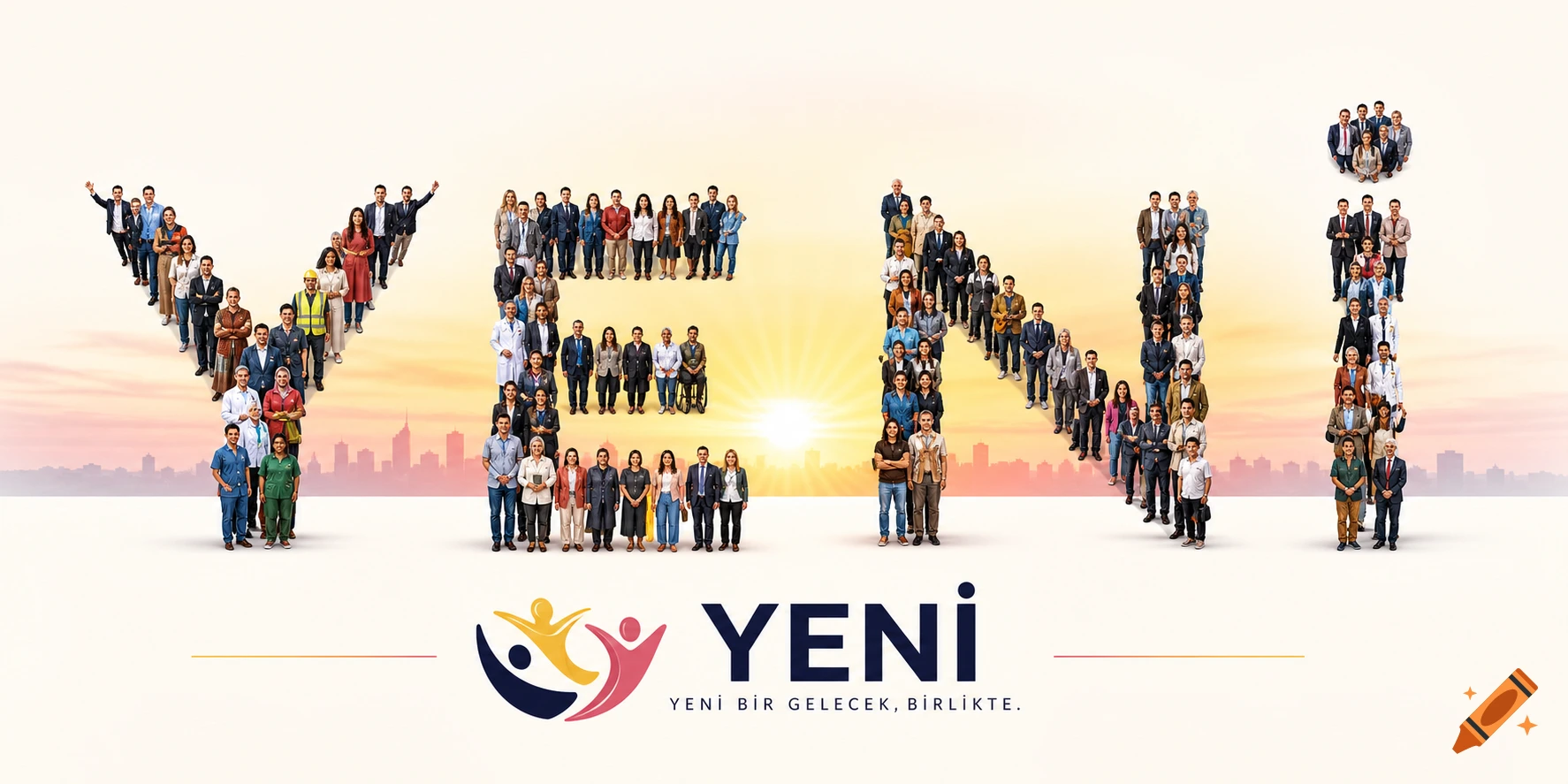 People in various professions form the letters YENI, with a skyline and sunset in the background, above a logo for YENI BİR GELECEK, BİRLİKTE.