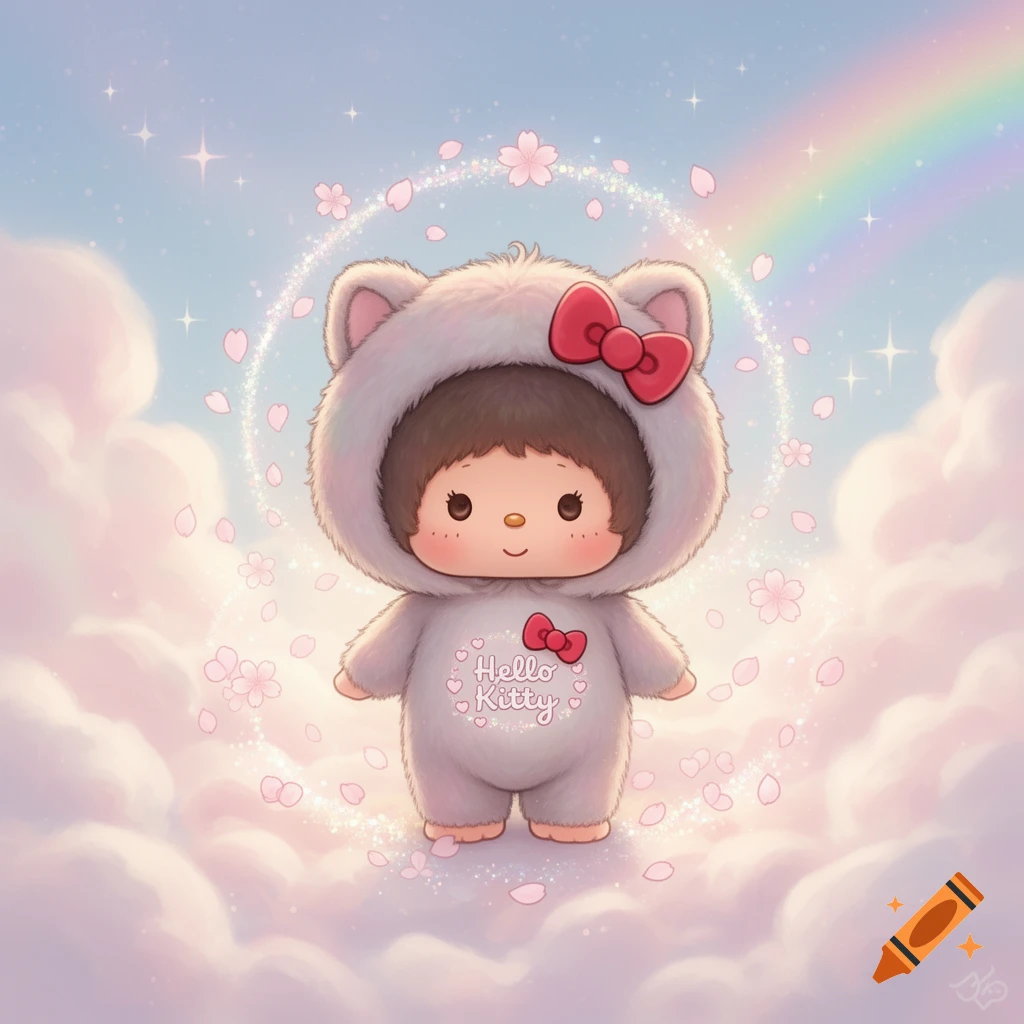 A cute character in a fuzzy grey Hello Kitty suit with a red bow, standing on pink clouds with sparkling flower petals and a rainbow in a kawaii style.