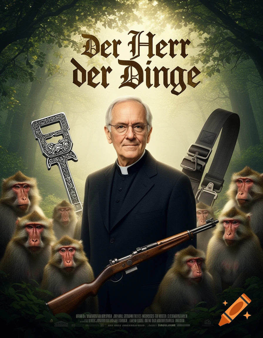 A movie poster for 'Der Herr der Dinge' (The Lord of Things) showing an older man dressed as a priest, surrounded by monkeys, a rifle, a large ornate key, and a belt buckle in a forest setting.