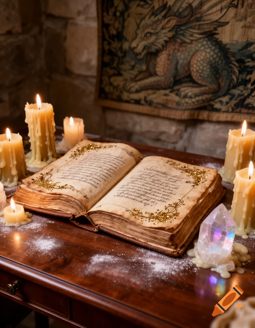 An open ancient spellbook with golden glitter sits on a wooden table, surrounded by lit candles and a glowing crystal. A dragon tapestry hangs behind it.
